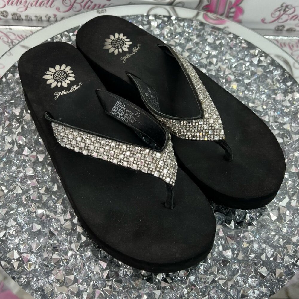 Yellow box wedge sandals flip flops rhinestone jewels Black and Silver Sandals
